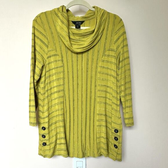 Ali Miles Top Med Yellow-Green Knit Cowl Neck Artsy Lagenlook Striped - Picture 1 of 8